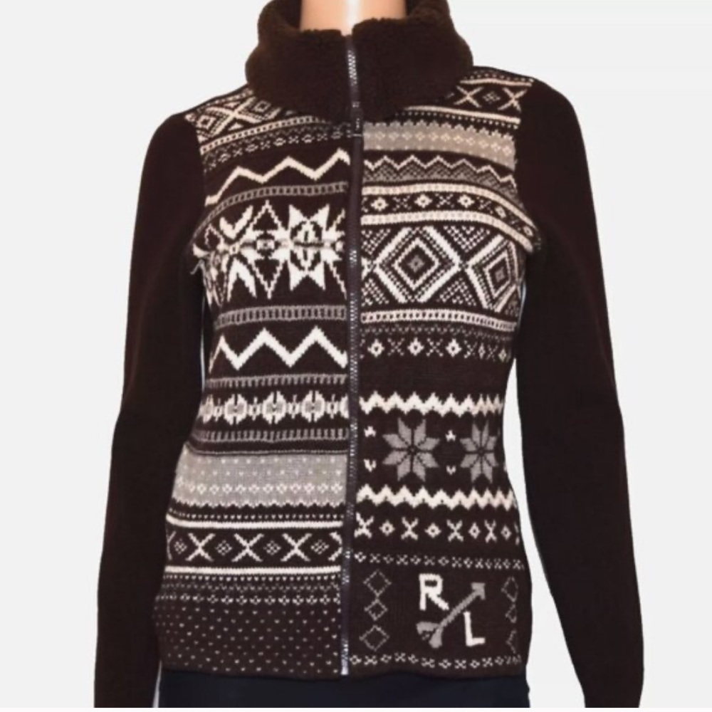 Ralph Lauren Cardigan Sweater Women's Small Zip Sherpa Collar Fair Isle Nordic
